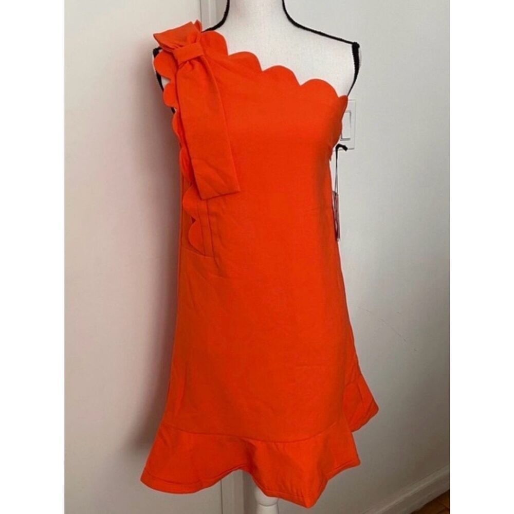 0037 Victoria Beckham One-Shoulder Scalloped Bow Dress in Bright Orange